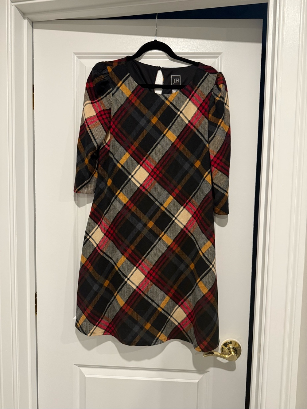 Plaid A-Line Dress in Black, Red & Cream